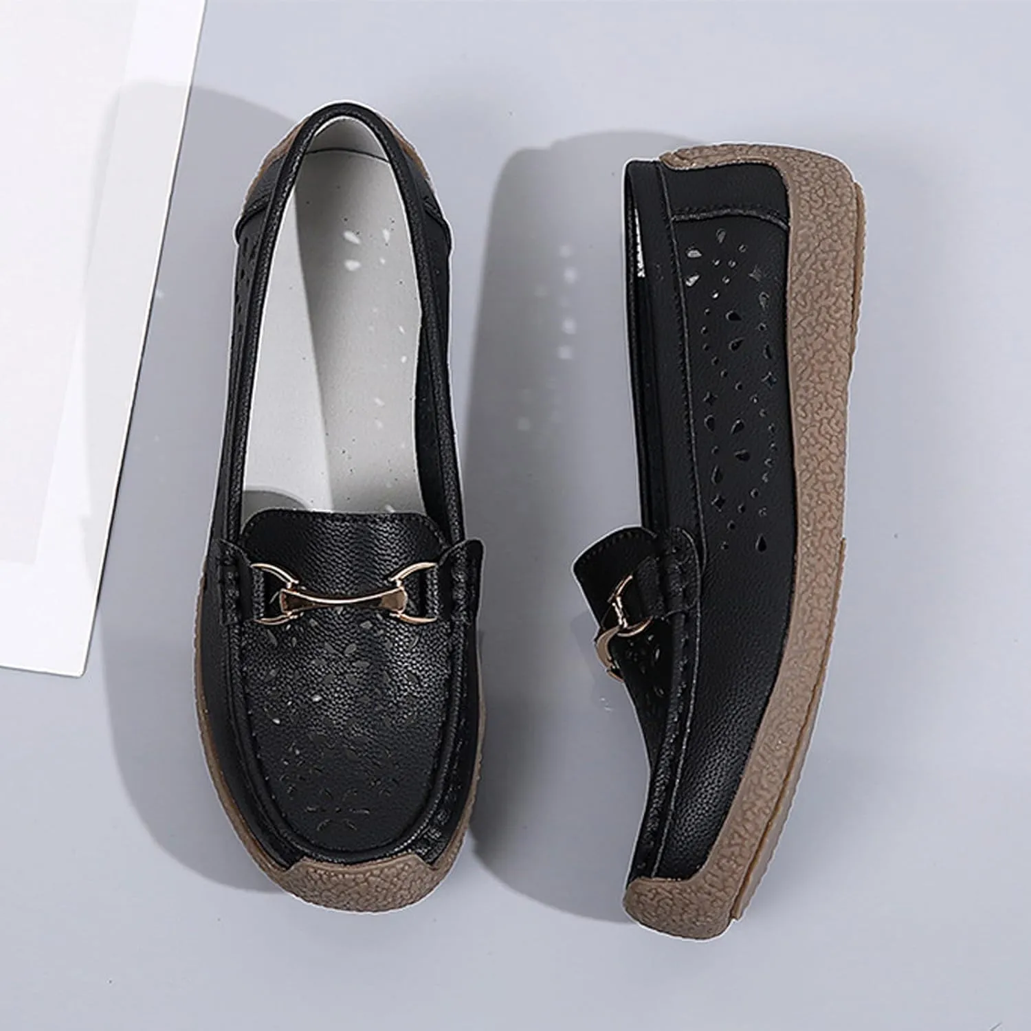 AngryMonkey Women Leather Penny Loafers Driving Moccasins Boat Shoes,Casual Comfort Non Slip Breathable Hollow Out Slip On Loafers Walking Flat Shoes