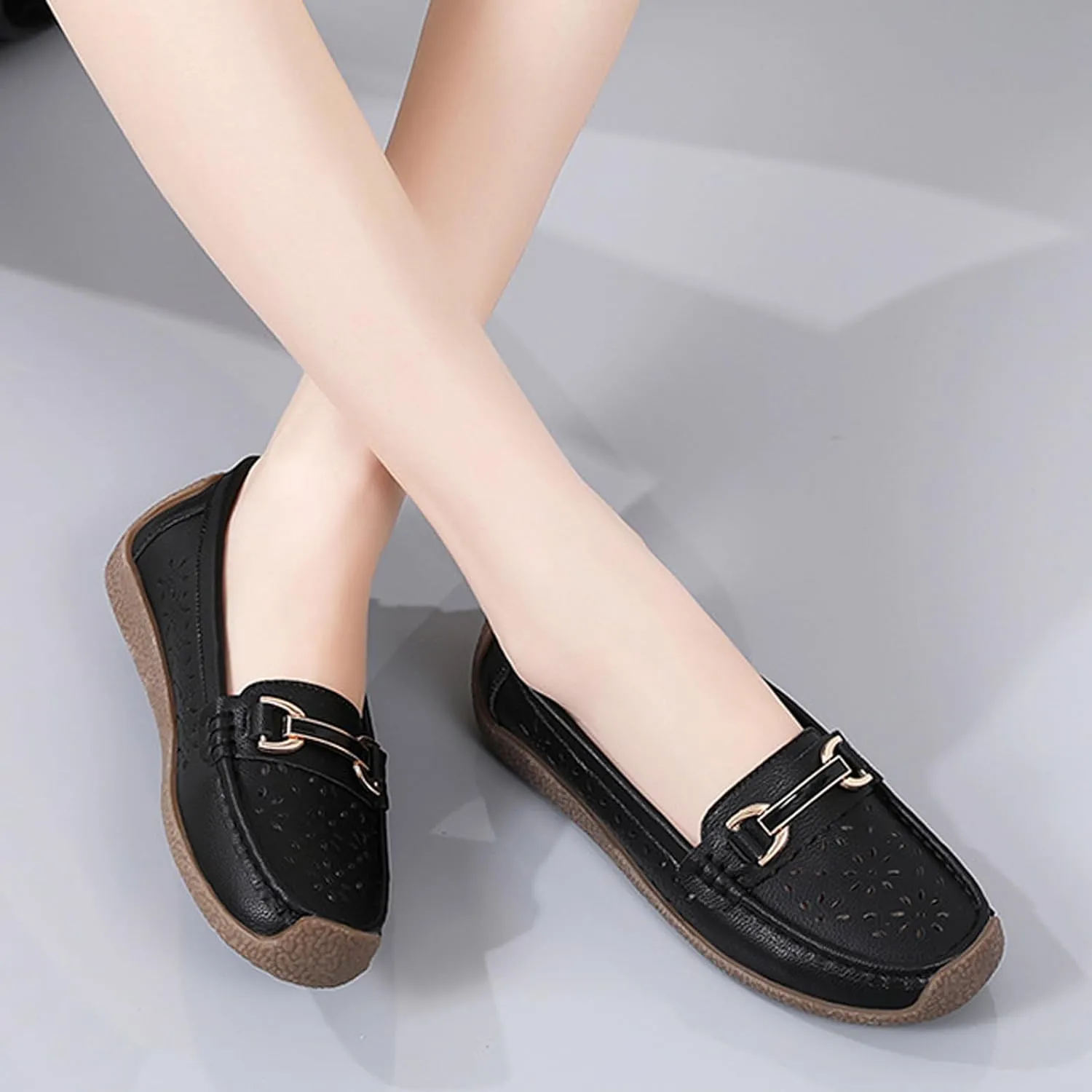 AngryMonkey Women Leather Penny Loafers Driving Moccasins Boat Shoes,Casual Comfort Non Slip Breathable Hollow Out Slip On Loafers Walking Flat Shoes