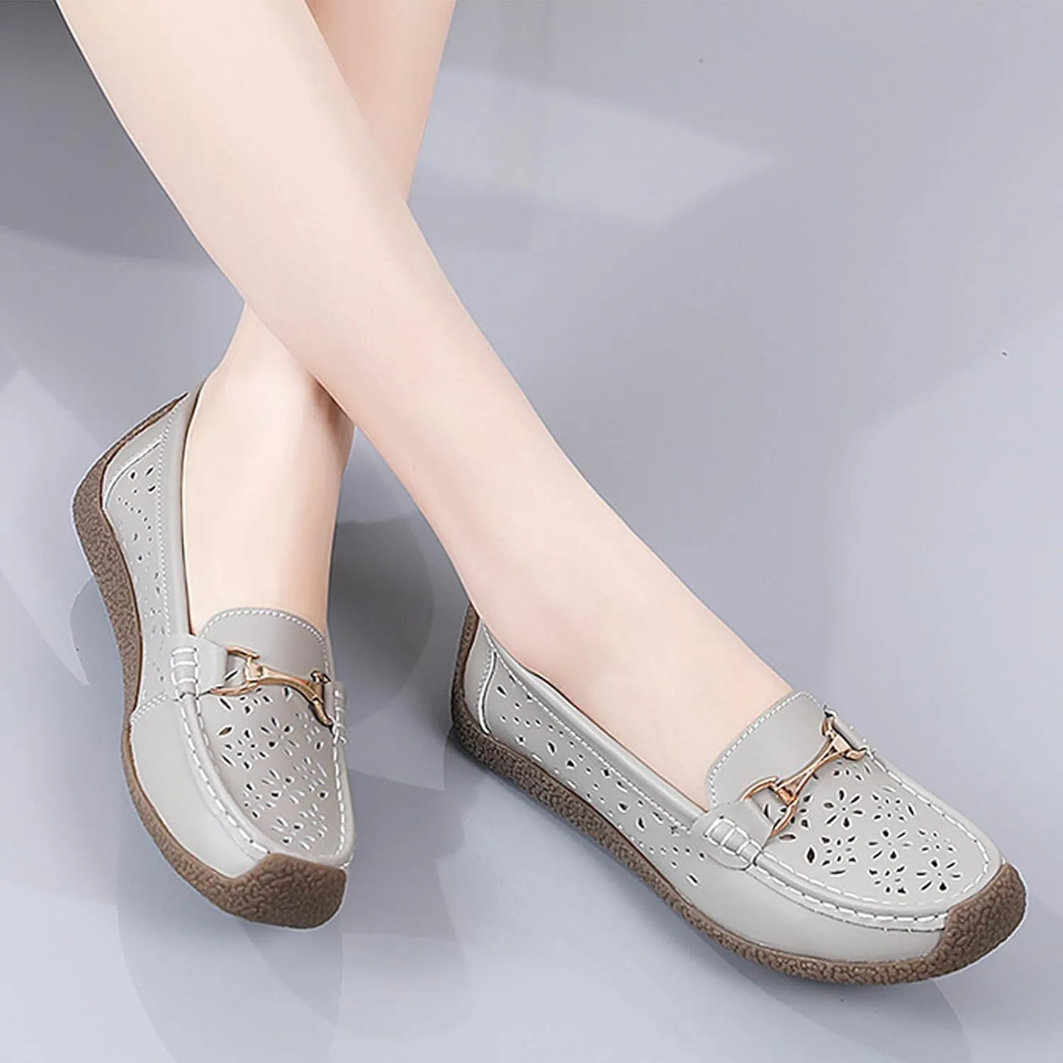 AngryMonkey Women Leather Penny Loafers Driving Moccasins Boat Shoes,Casual Comfort Non Slip Breathable Hollow Out Slip On Loafers Walking Flat Shoes