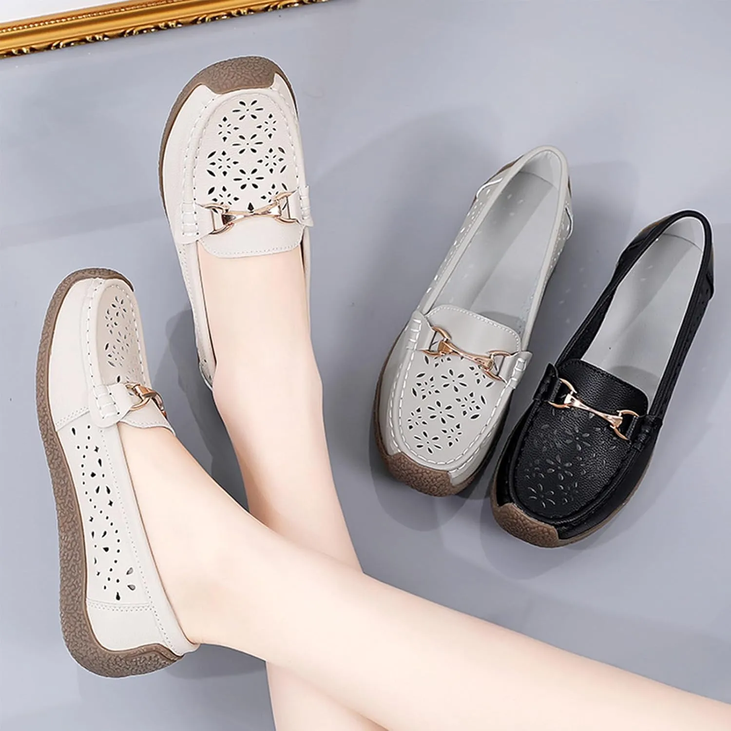 AngryMonkey Women Leather Penny Loafers Driving Moccasins Boat Shoes,Casual Comfort Non Slip Breathable Hollow Out Slip On Loafers Walking Flat Shoes