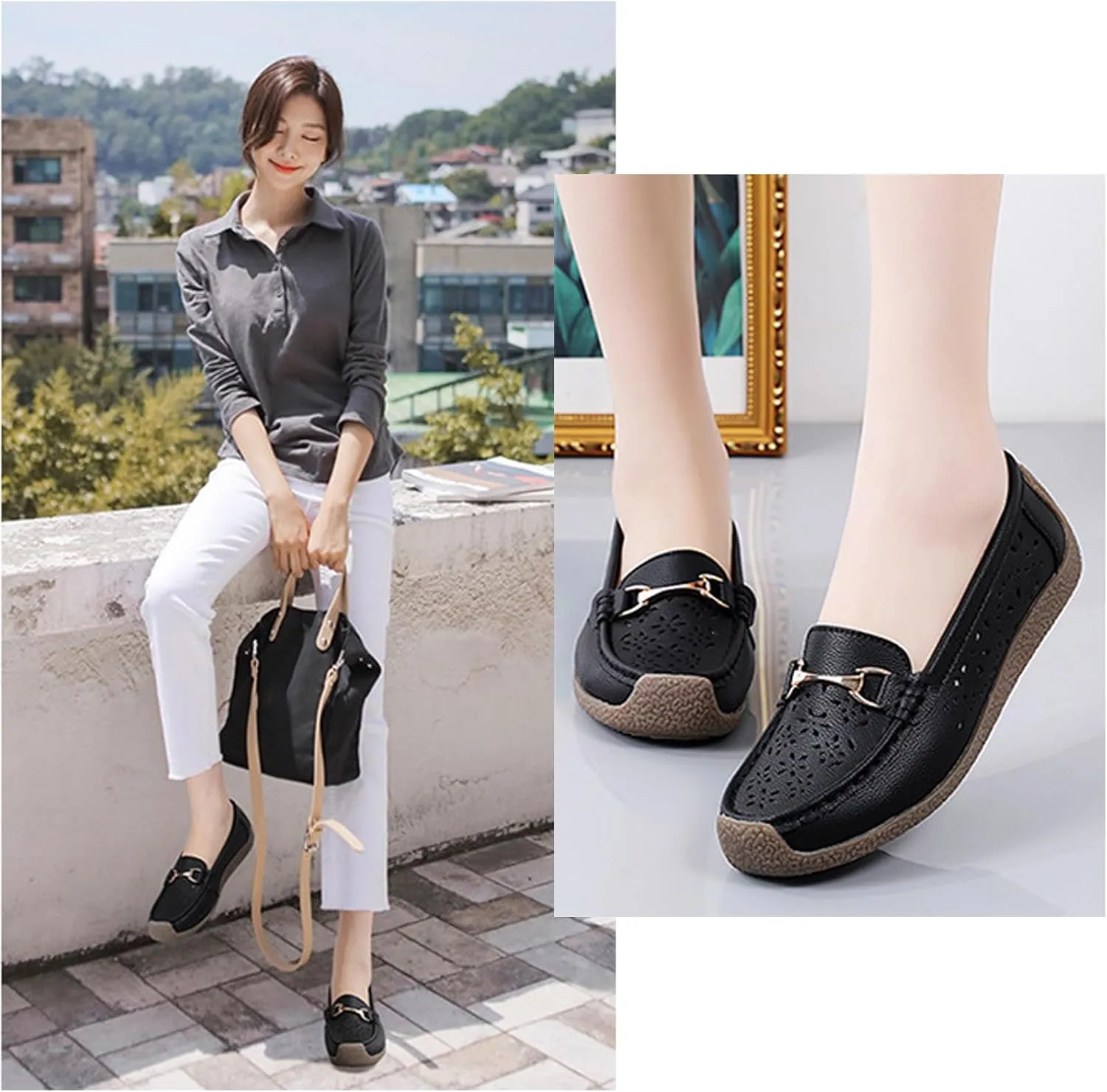 AngryMonkey Women Leather Penny Loafers Driving Moccasins Boat Shoes,Casual Comfort Non Slip Breathable Hollow Out Slip On Loafers Walking Flat Shoes