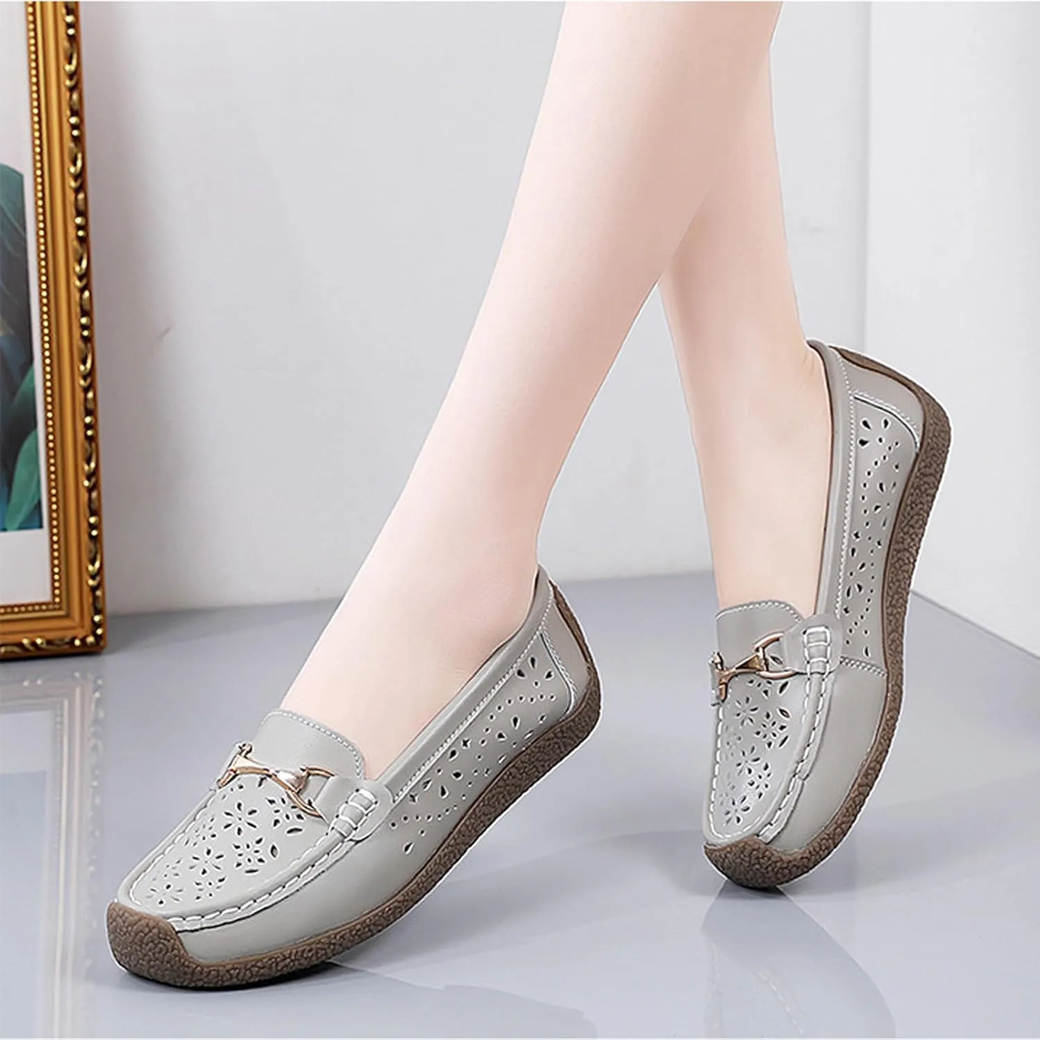 AngryMonkey Women Leather Penny Loafers Driving Moccasins Boat Shoes,Casual Comfort Non Slip Breathable Hollow Out Slip On Loafers Walking Flat Shoes