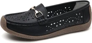 AngryMonkey Women Leather Penny Loafers Driving Moccasins Boat Shoes,Casual Comfort Non Slip Breathable Hollow Out Slip On Loafers Walking Flat Shoes