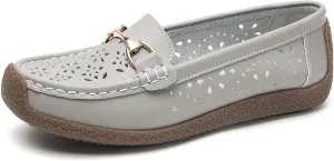 AngryMonkey Women Leather Penny Loafers Driving Moccasins Boat Shoes,Casual Comfort Non Slip Breathable Hollow Out Slip On Loafers Walking Flat Shoes
