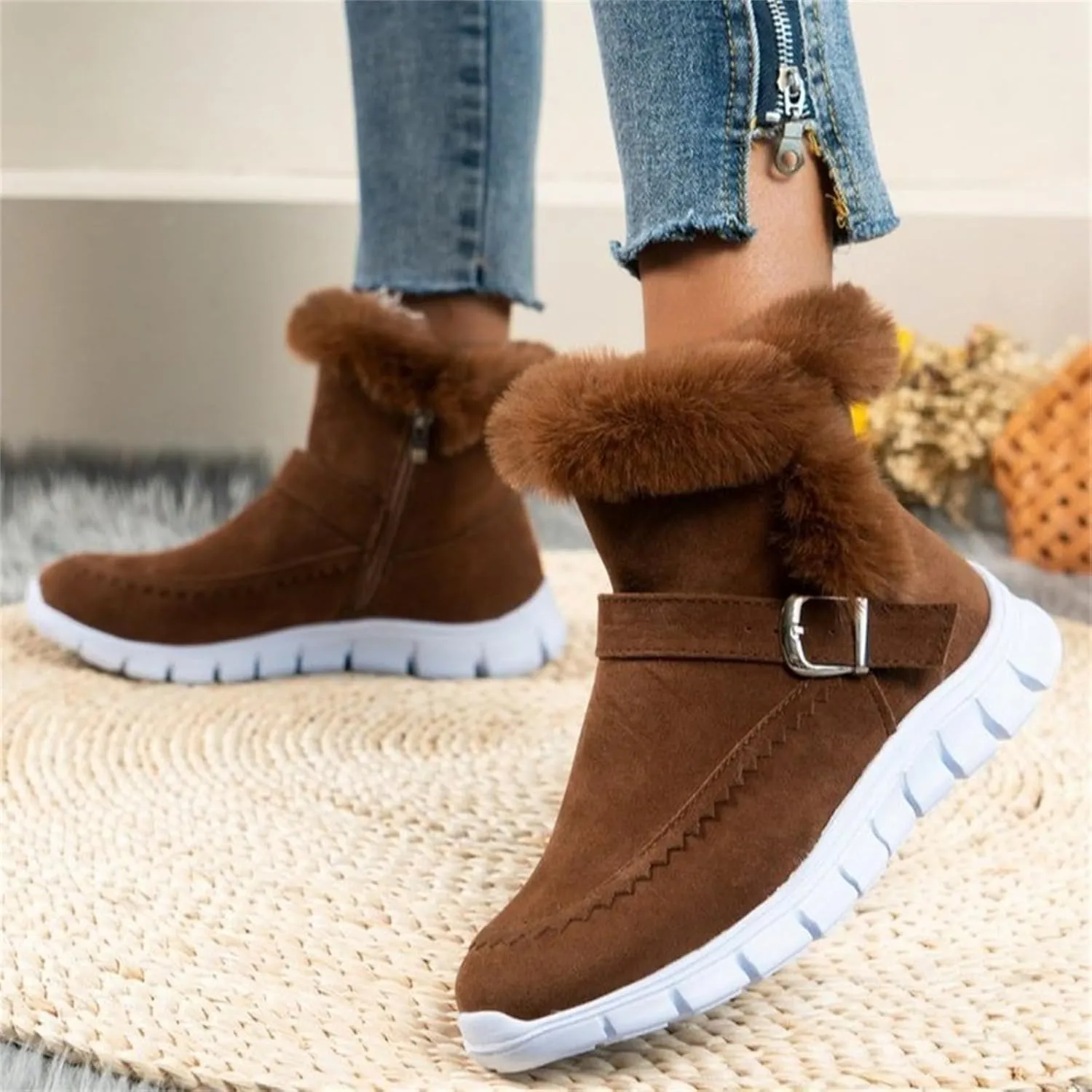 Ankle Boots For Women Comfy Warm Fur Lined Winter Snow Boots Short Booties Fashion Comfortable Slip On Loafers Shoes