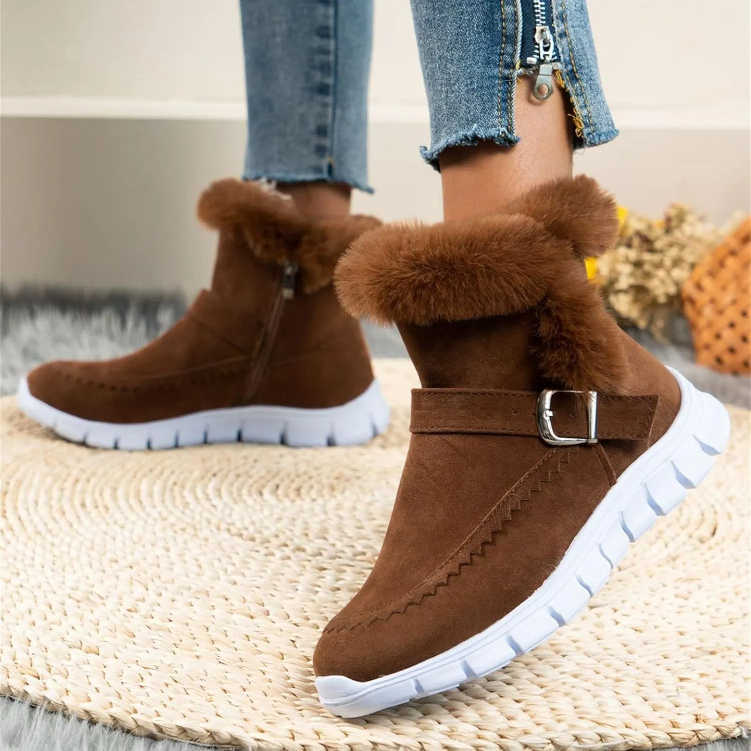 Ankle Boots For Women Comfy Warm Fur Lined Winter Snow Boots Short Booties Fashion Comfortable Slip On Loafers Shoes