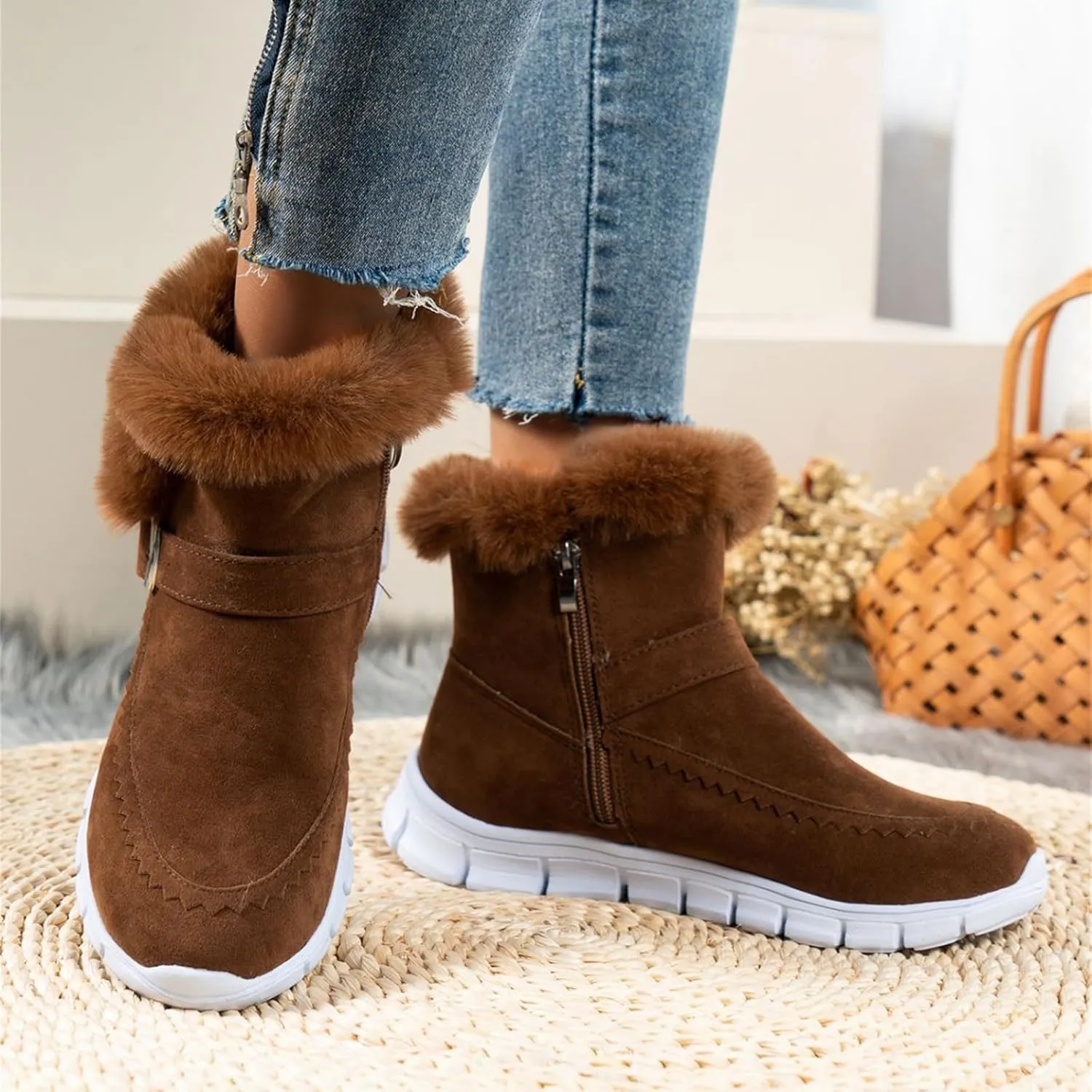 Ankle Boots For Women Comfy Warm Fur Lined Winter Snow Boots Short Booties Fashion Comfortable Slip On Loafers Shoes