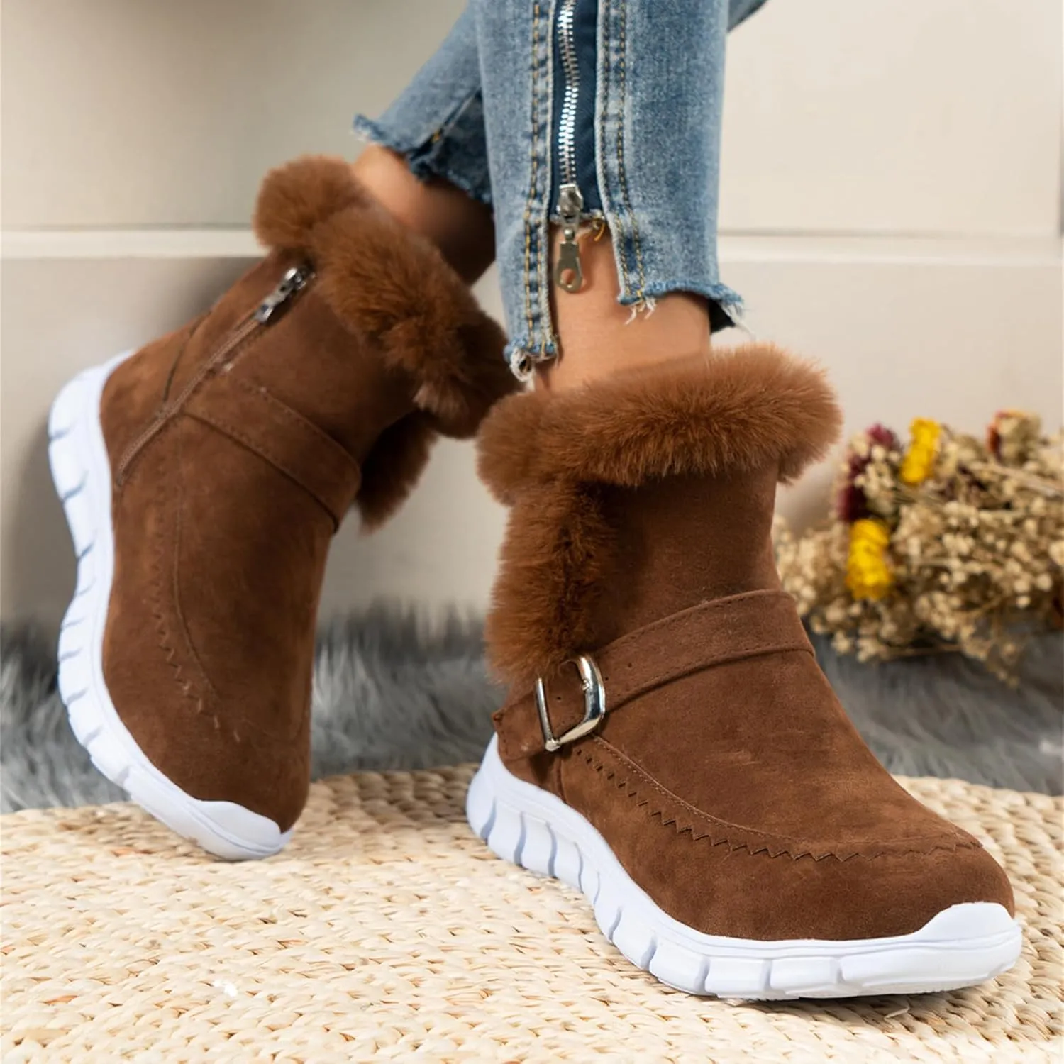 Ankle Boots For Women Comfy Warm Fur Lined Winter Snow Boots Short Booties Fashion Comfortable Slip On Loafers Shoes