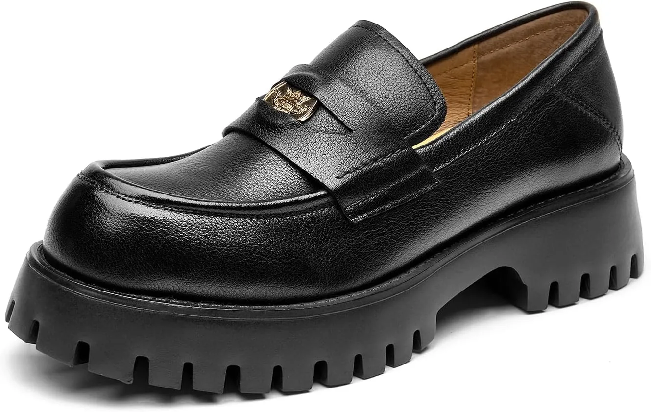 BEAU TODAY Chunky Loafers for Women, Platform Penny Loafers for Women, Chunky Heel Lug Sole Leather Shoes Casual Comfortable Business Work Shoes Slip-on Black-C US 9