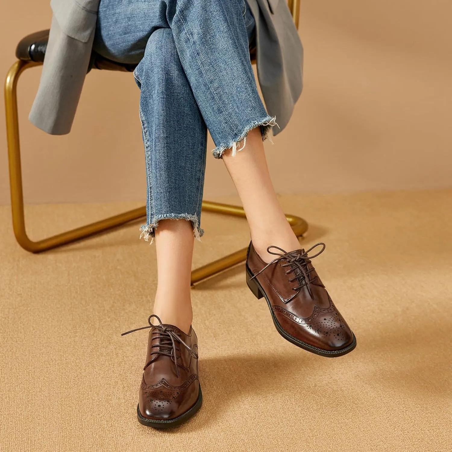 BEAU TODAY Oxford Shoes for Women,Leather Brogue Dress Shoes,Comfort Brethable Ladies Lace-up Handmade Wingtip Shoes for Business Work