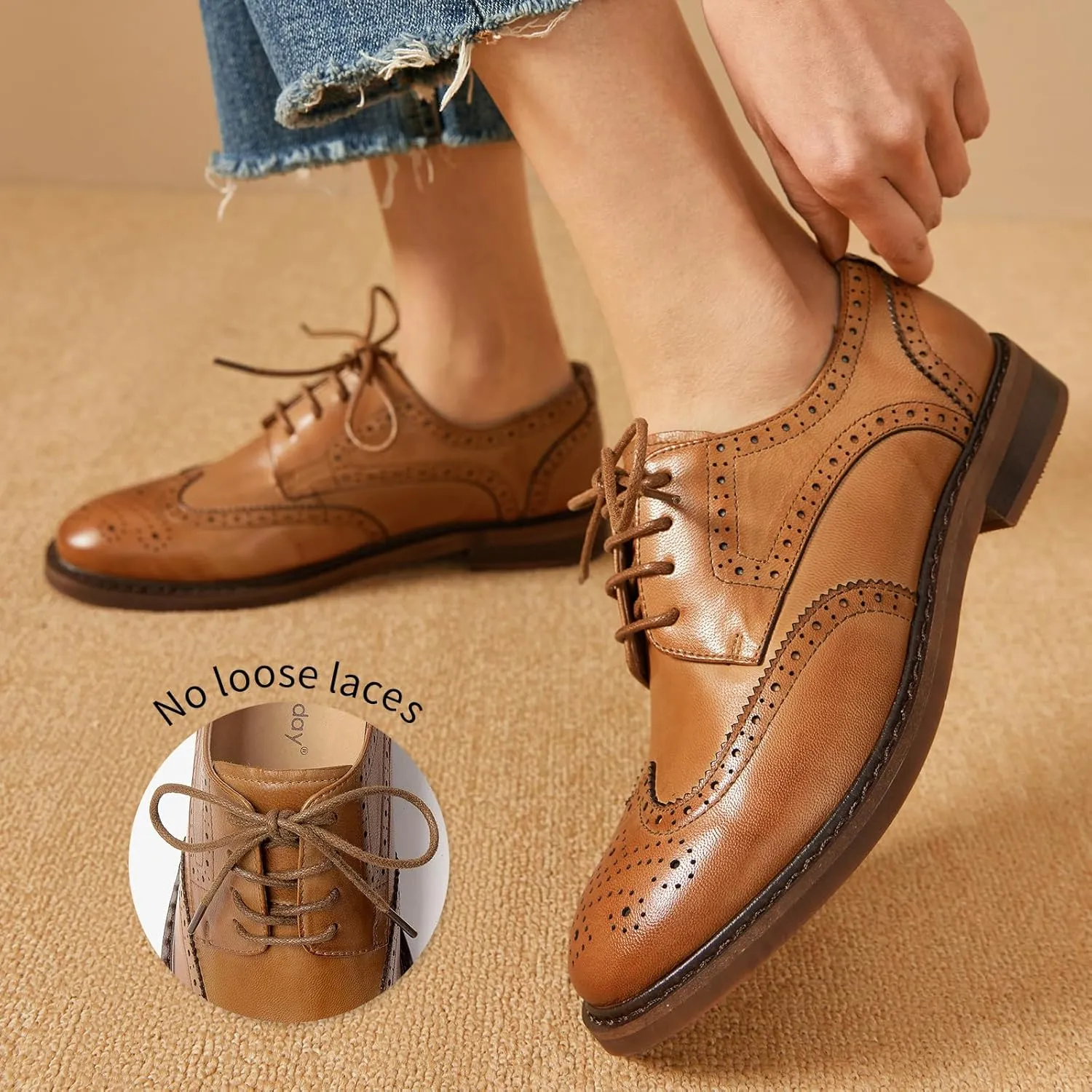 BEAU TODAY Oxford Shoes for Women,Leather Brogue Dress Shoes,Comfort Brethable Ladies Lace-up Handmade Wingtip Shoes for Business Work