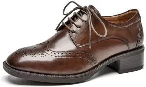 BEAU TODAY Oxford Shoes for Women,Leather Brogue Dress Shoes,Comfort Brethable Ladies Lace-up Handmade Wingtip Shoes for Business Work