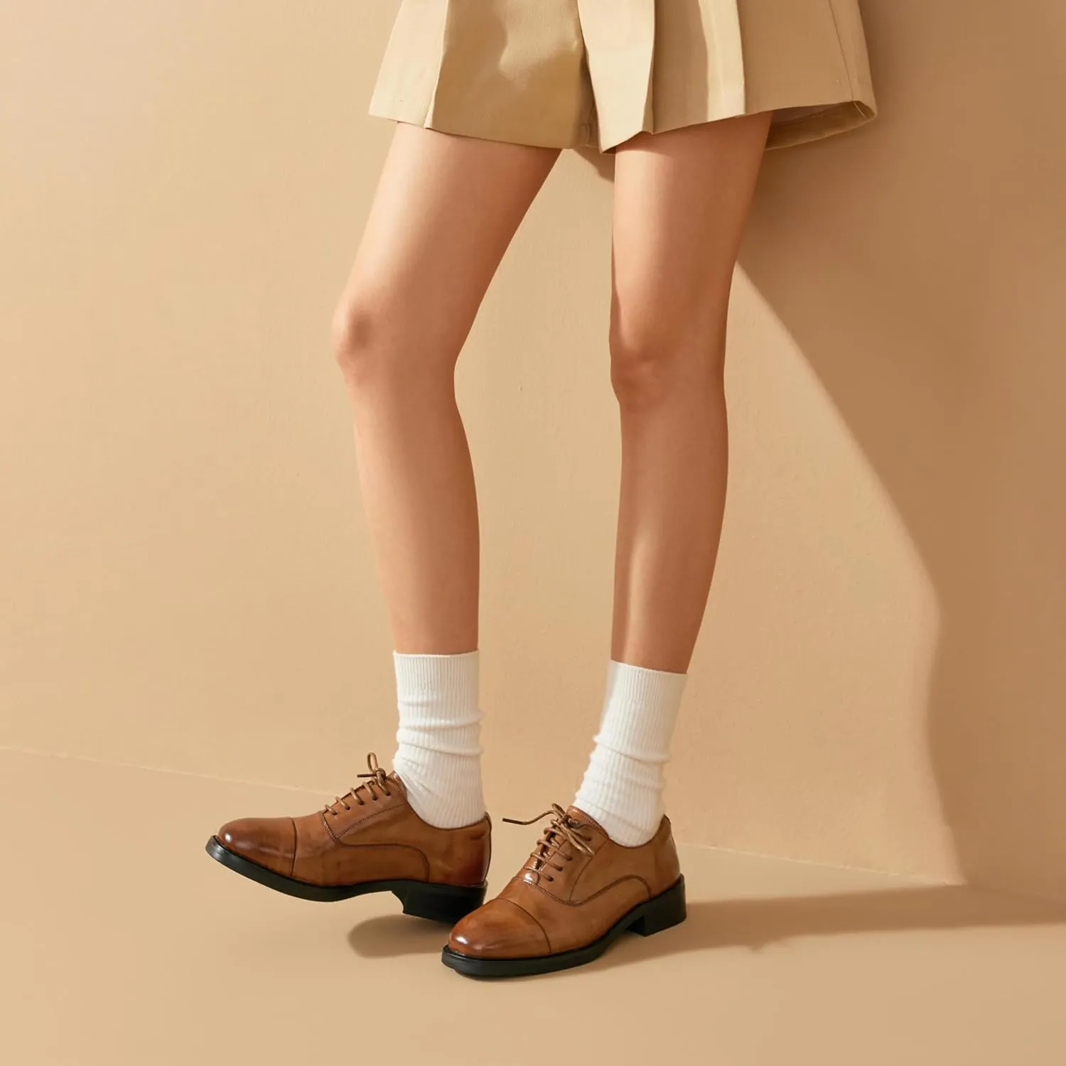 BEAU TODAY Women's Oxfords Dress Shoes, Leather Lace-Up Oxfords for Women, Comfortable Formal Cap Toe Business Casual Non Slip Office Driving Oxfords Shoes