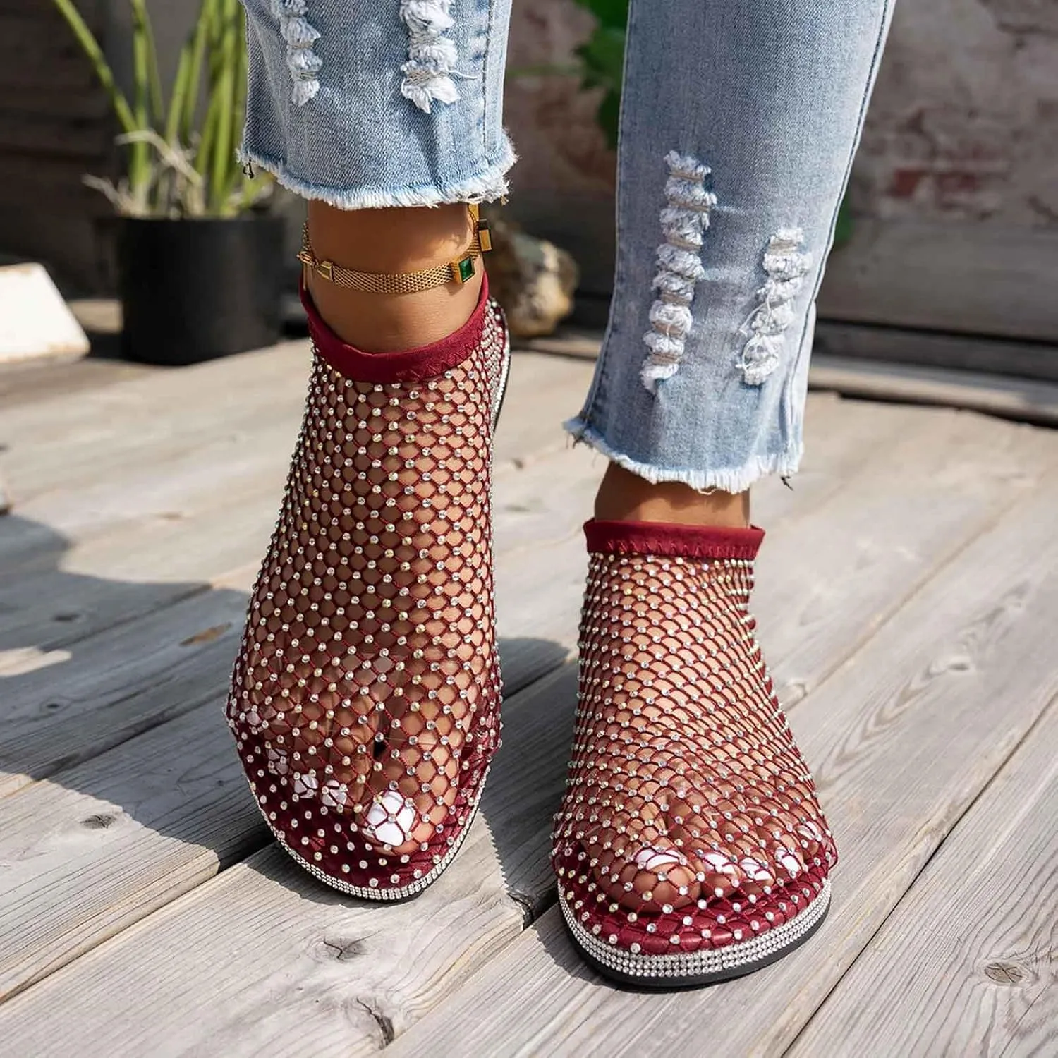 Comfortable Mesh Fishnet Shiny Gem Sandals Low Heel Slip on Stockings Rhinestone Net Flat Sandals