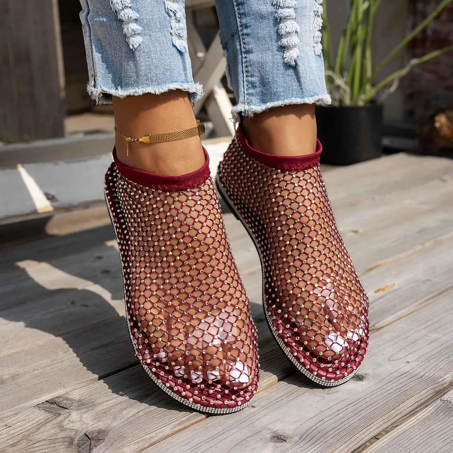 Comfortable Mesh Fishnet Shiny Gem Sandals Low Heel Slip on Stockings Rhinestone Net Flat Sandals