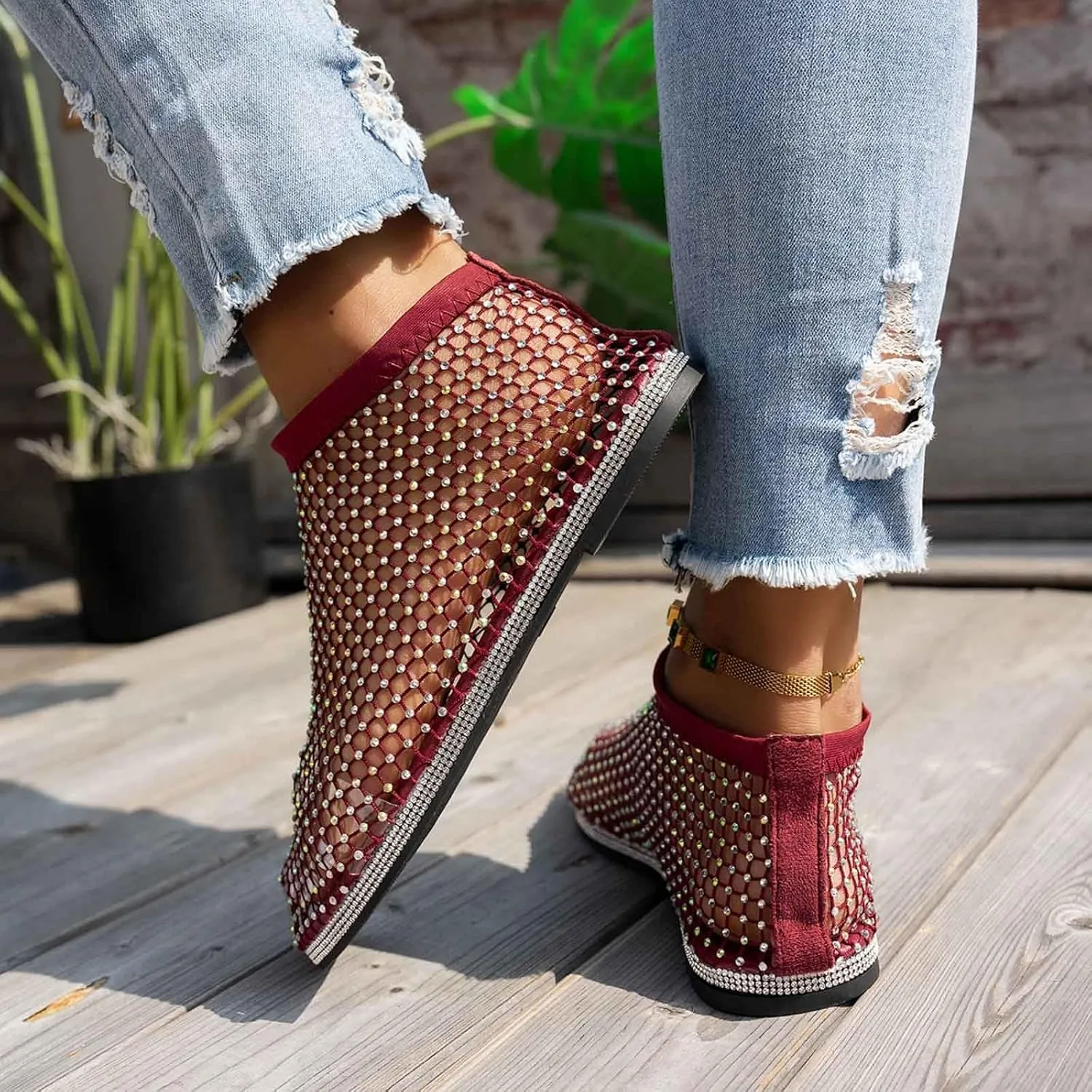 Comfortable Mesh Fishnet Shiny Gem Sandals Low Heel Slip on Stockings Rhinestone Net Flat Sandals