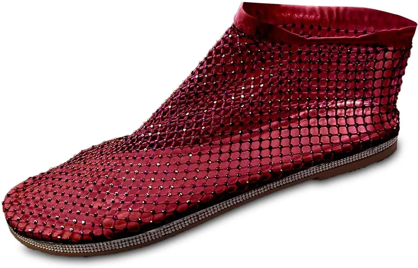 Comfortable Mesh Fishnet Shiny Gem Sandals Low Heel Slip on Stockings Rhinestone Net Flat Sandals