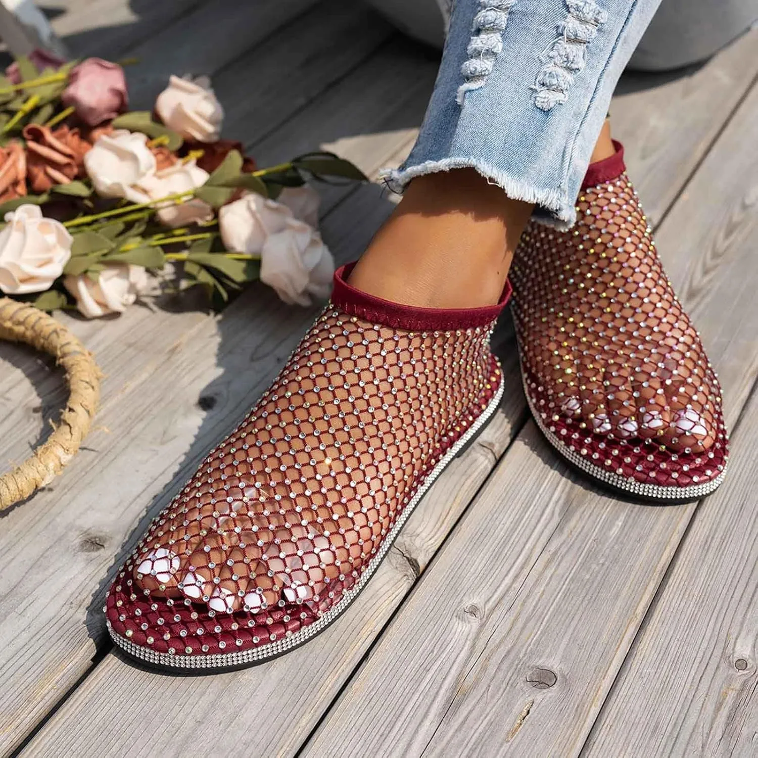 Comfortable Mesh Fishnet Shiny Gem Sandals Low Heel Slip on Stockings Rhinestone Net Flat Sandals