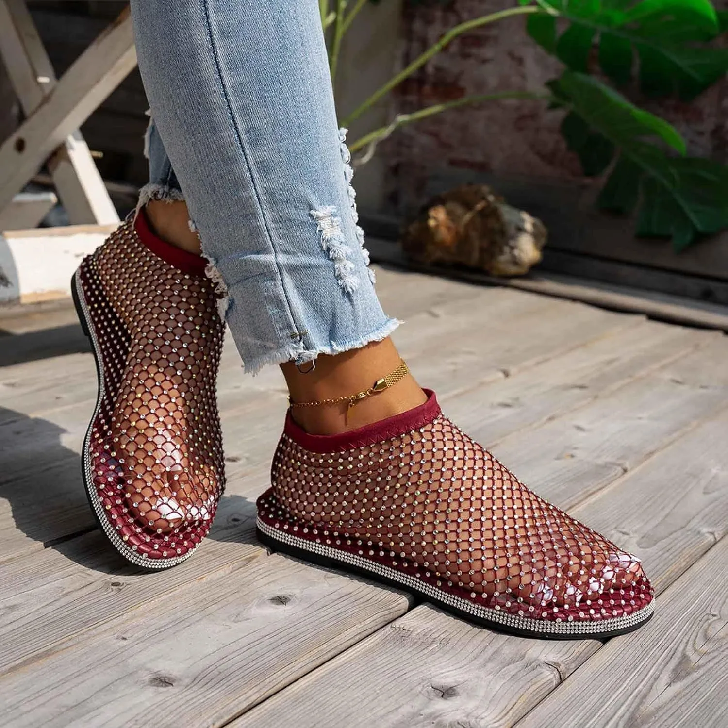 Comfortable Mesh Fishnet Shiny Gem Sandals Low Heel Slip on Stockings Rhinestone Net Flat Sandals