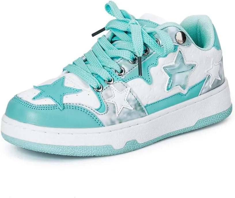 Cute Blue Star Y2K Shoes Chunky Platform Comfy Non Slip Lightweight Softy Casual Skate Sneakers Kawaii Pretty Pastel Retro Trendy Footwear for Women & Girls Summer Back to School Everyday Wear