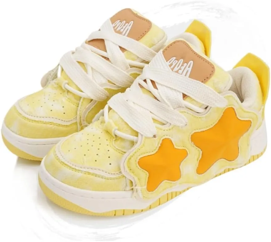 Cute Kawaii Star Shoes with Bread Shape Chunky Platform Lace-up Comfy Non Slip Lightweight Softy Casual Skate Sneakers Y2K Pretty Pastel Retro Trendy Gifts for Women & Girls Summer Back to School