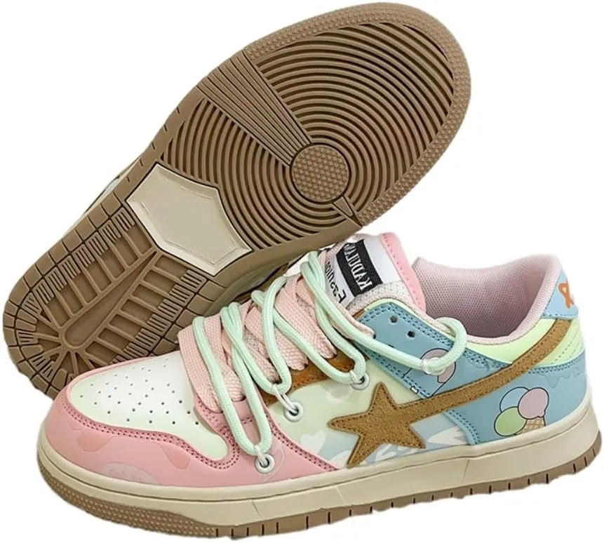 Cute Kawaii Star Shoes with Ice Cream Design Chunky Platform Non Slip Lightweight Y2K Pretty Pastel Retro Trendy Training Sneakers for Women Girls Streetwear Skateboarding Casual Everyday Outfits