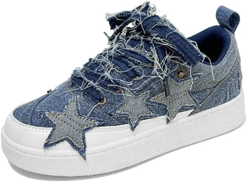 Cute Star Shoes Denim Chunky Platform Lace-up Comfy Non Slip Lightweight Softy Casual Skate Sneakers Y2K Kawaii Pretty Pastel Retro Trendy Gifts for Women & Girls Summer Back to School Everyday Wear