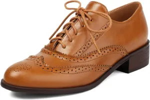 ErikenUrben Women Vintage Flat Oxford Shoes Perforated Lace up Wingtip Dress Shoes Comfort