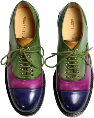 FSJ Women Multicolor Leather Oxford Shoes Round Cap Toe Lace Up Brogues Patchwork Color Matching Comfort Shoes Size 4-15 US