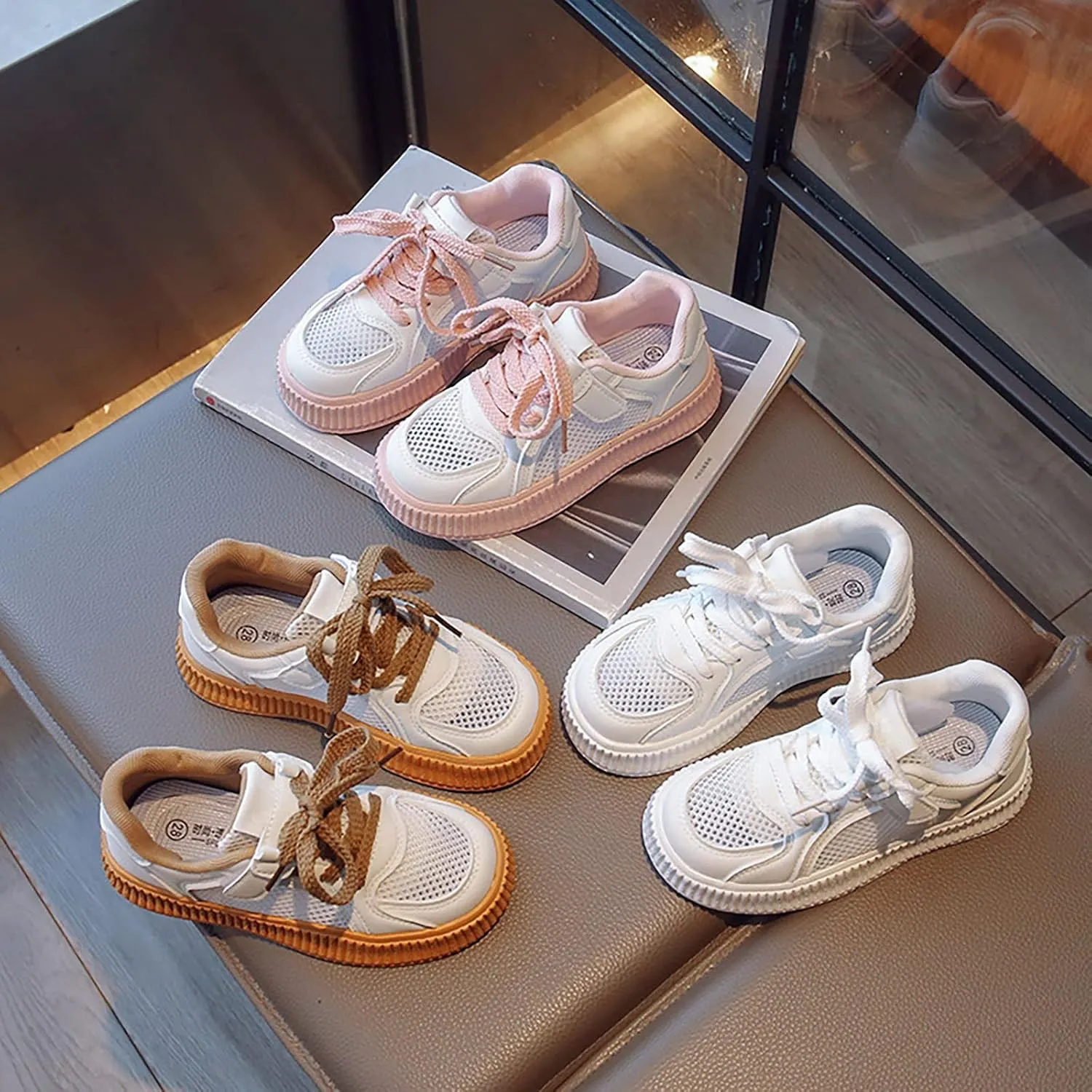 Girls Mesh Platform Sneakers Breathable Lightweight Tennis Shoes Kids Fashion Lace-up Casual Walking Sport Sneakers