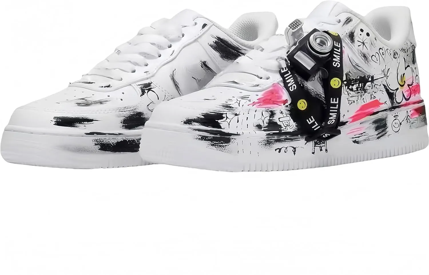 Hand-Painted Platform Sneakers, Artistic Fashion Chunky Casual Shoes, White with Black Graffiti Design, Unisex