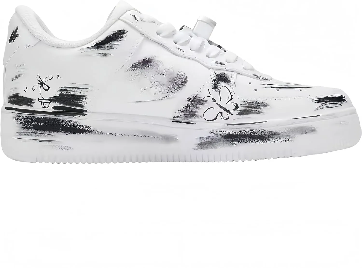 Hand-Painted Platform Sneakers, Artistic Fashion Chunky Casual Shoes, White with Black Graffiti Design, Unisex