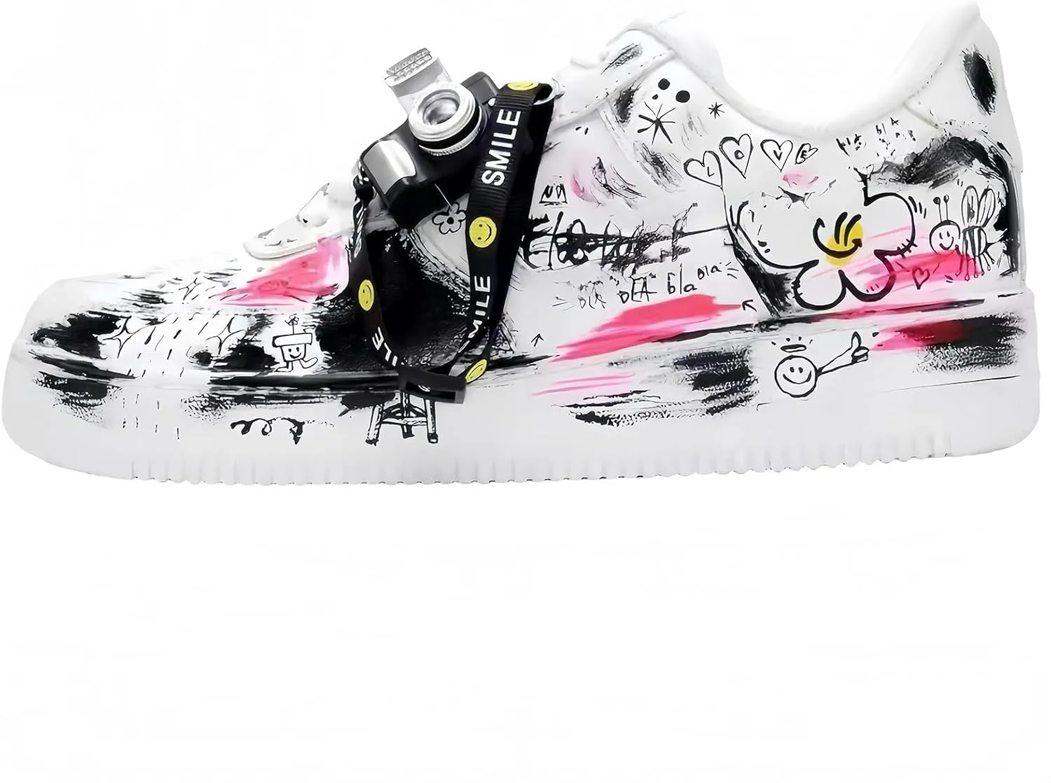 Hand-Painted Platform Sneakers, Artistic Fashion Chunky Casual Shoes, White with Black Graffiti Design, Unisex