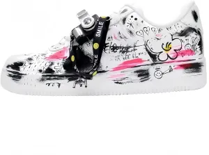 Hand-Painted Platform Sneakers, Artistic Fashion Chunky Casual Shoes, White with Black Graffiti Design, Unisex