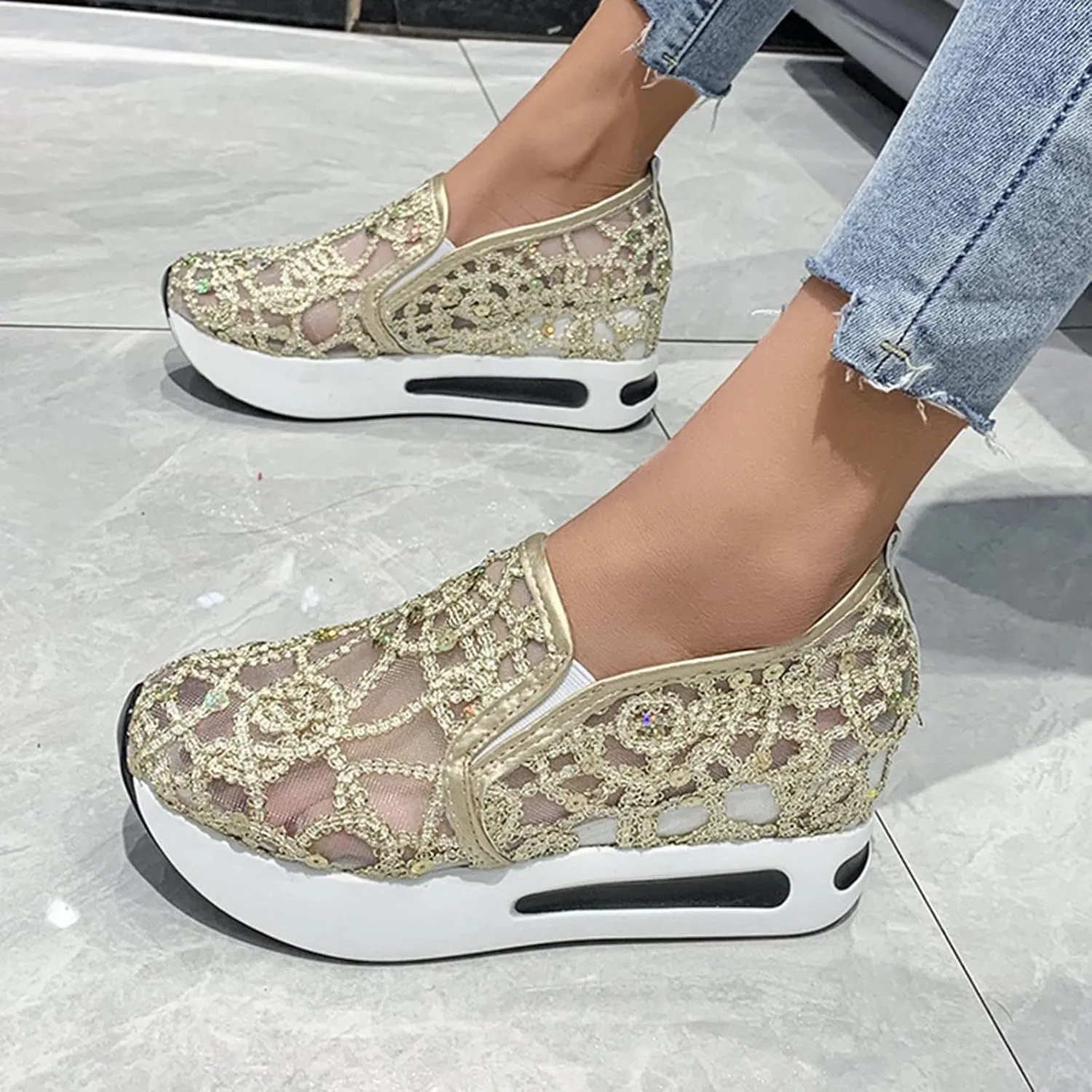 High Top Wedge Sneakers for Women Size 12 Size 9 Women's Slip Resistant Shoes Black Slip On Shoes Women Wide Width White Chunky Platform Sneakers for Women Slip On Walking Shoes with Arch Support