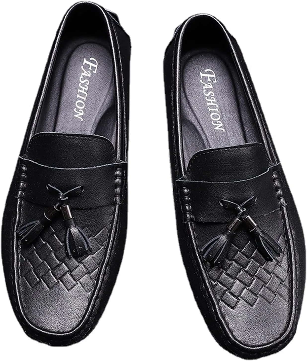 HOOENG Driving Moccasins Loafer Shoes for Men Tassel Breathable Round Toe Woven Grain Embossed Genuine Leather Soft Resistant Comfortable Flat Heel Casual