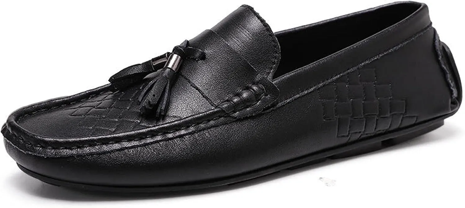 HOOENG Driving Moccasins Loafer Shoes for Men Tassel Breathable Round Toe Woven Grain Embossed Genuine Leather Soft Resistant Comfortable Flat Heel Casual