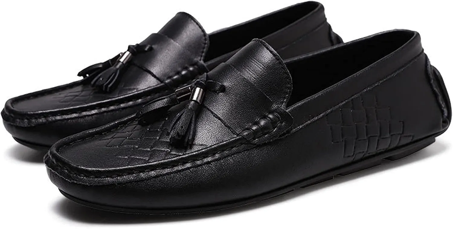 HOOENG Driving Moccasins Loafer Shoes for Men Tassel Breathable Round Toe Woven Grain Embossed Genuine Leather Soft Resistant Comfortable Flat Heel Casual