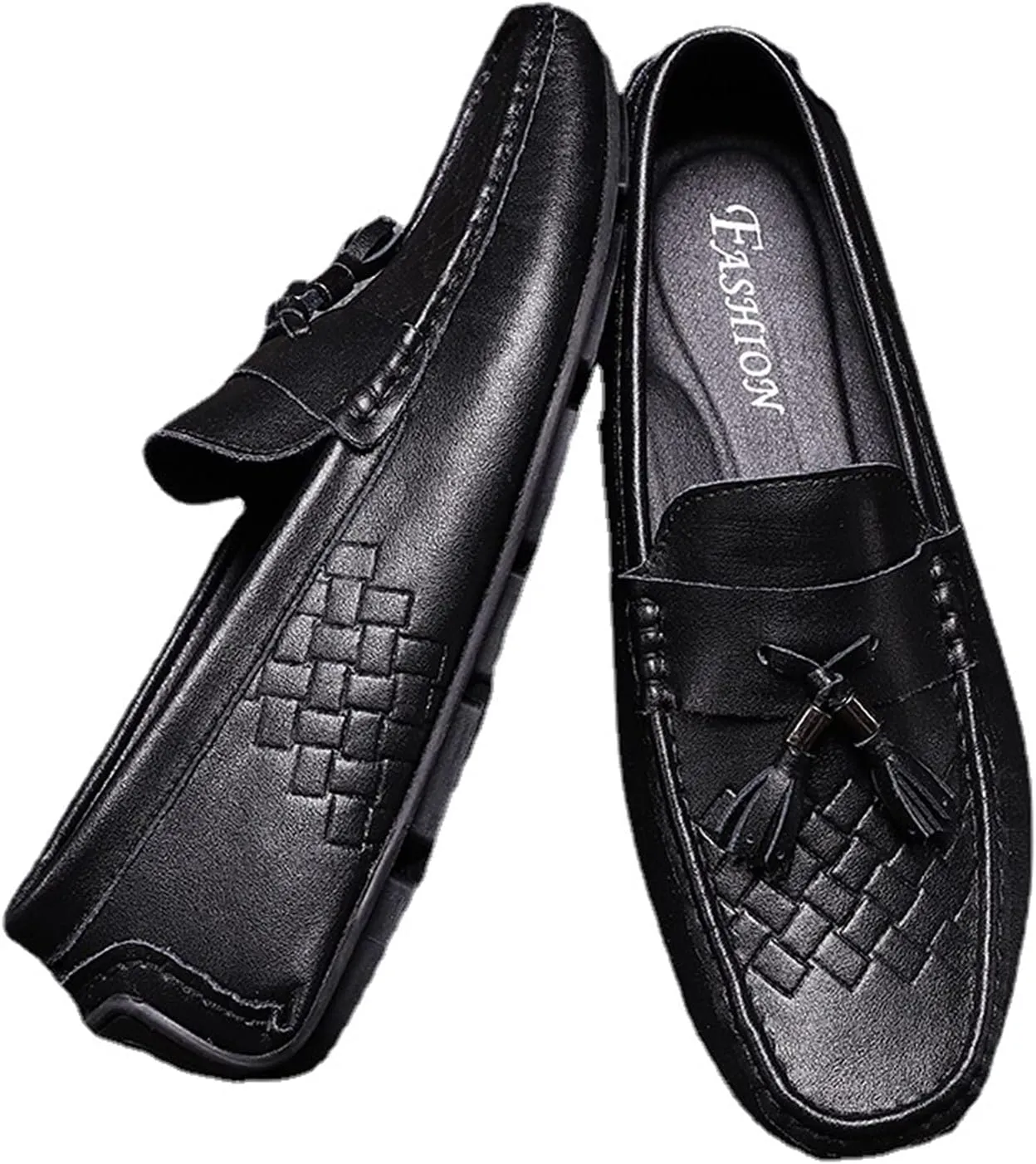 HOOENG Driving Moccasins Loafer Shoes for Men Tassel Breathable Round Toe Woven Grain Embossed Genuine Leather Soft Resistant Comfortable Flat Heel Casual