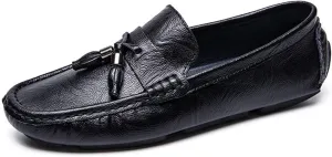 HOOENG Loafers Loafer Shoes Driving Moccasins for Men Tassel Genuine Leather Round Toe Stitching Details Flat Heel Resistant Soft Flexible Comfortable Walking (Color : Black, Size : 10)
