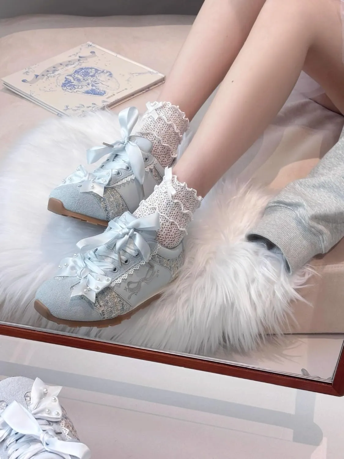 Kawaii Platform Shoes  Chunky Sneakers for Women, Aesthetic Ballet-Inspired Shoes with Bow & Pearls, Cute Fashion Backpack-Inspired Trainers