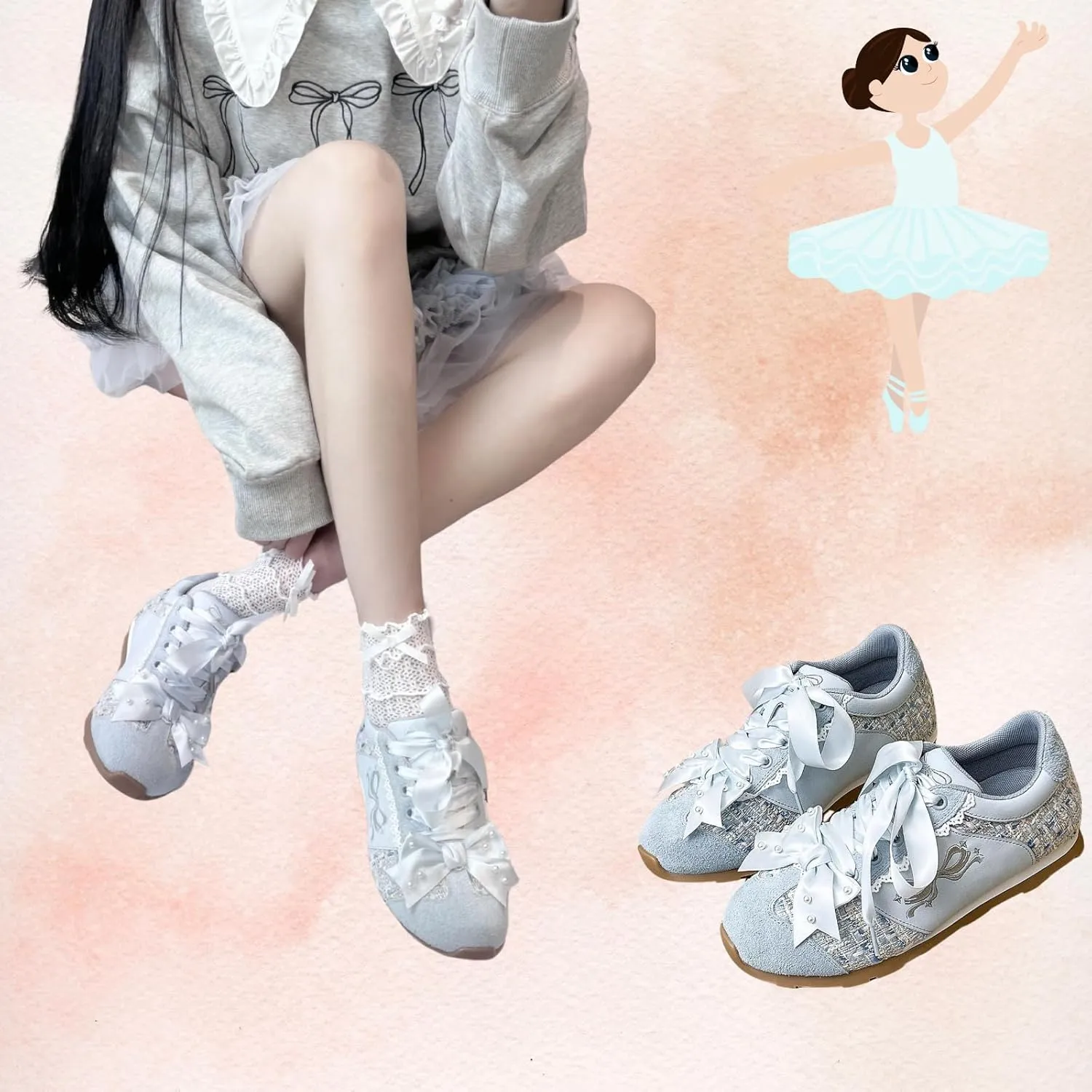 Kawaii Platform Shoes  Chunky Sneakers for Women, Aesthetic Ballet-Inspired Shoes with Bow & Pearls, Cute Fashion Backpack-Inspired Trainers