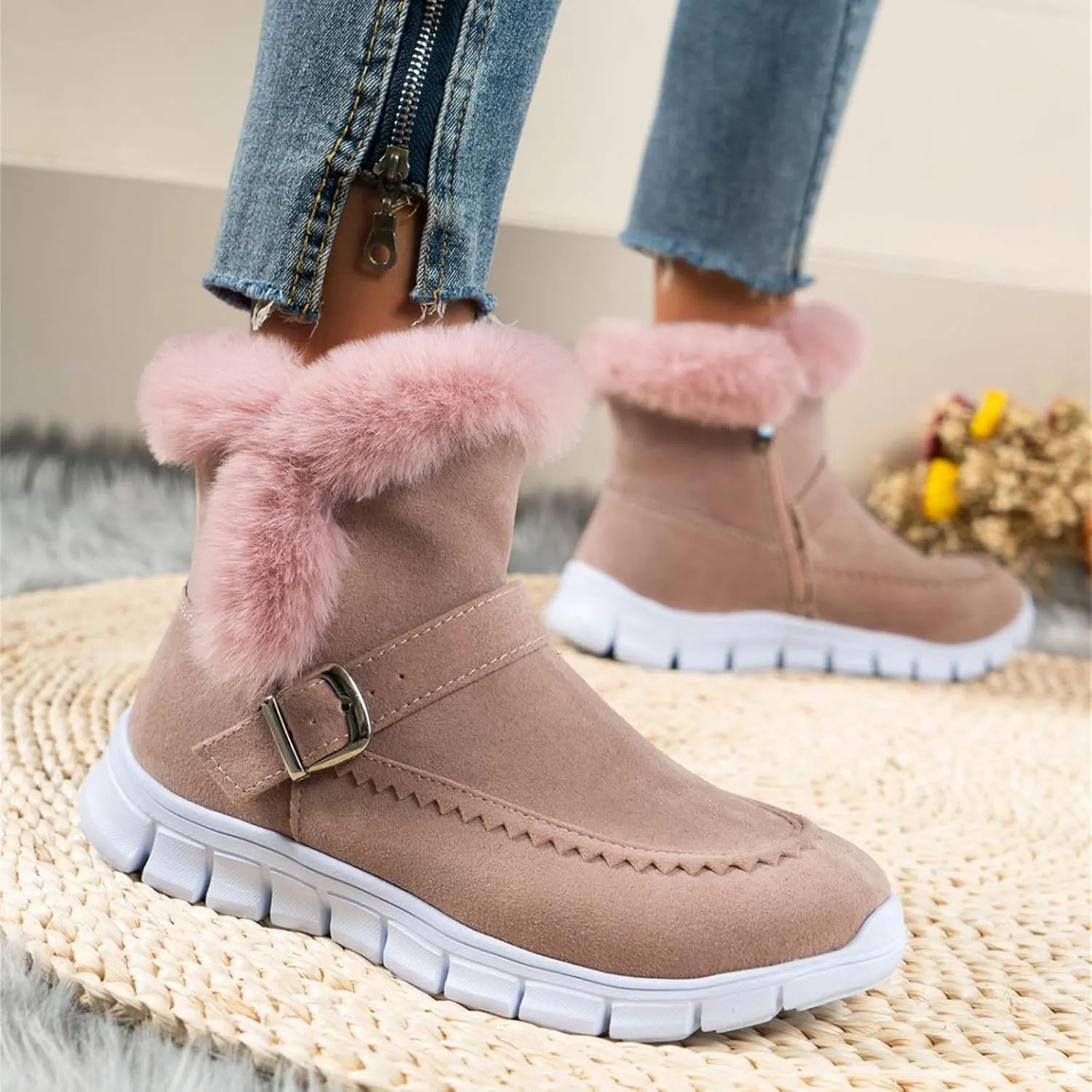 Ladmiple Boots For Women Ankle Booties Winter Snow Boots Classic Faux Fur Lined Slip On Casual Warm Comfortable Loafers Shoes