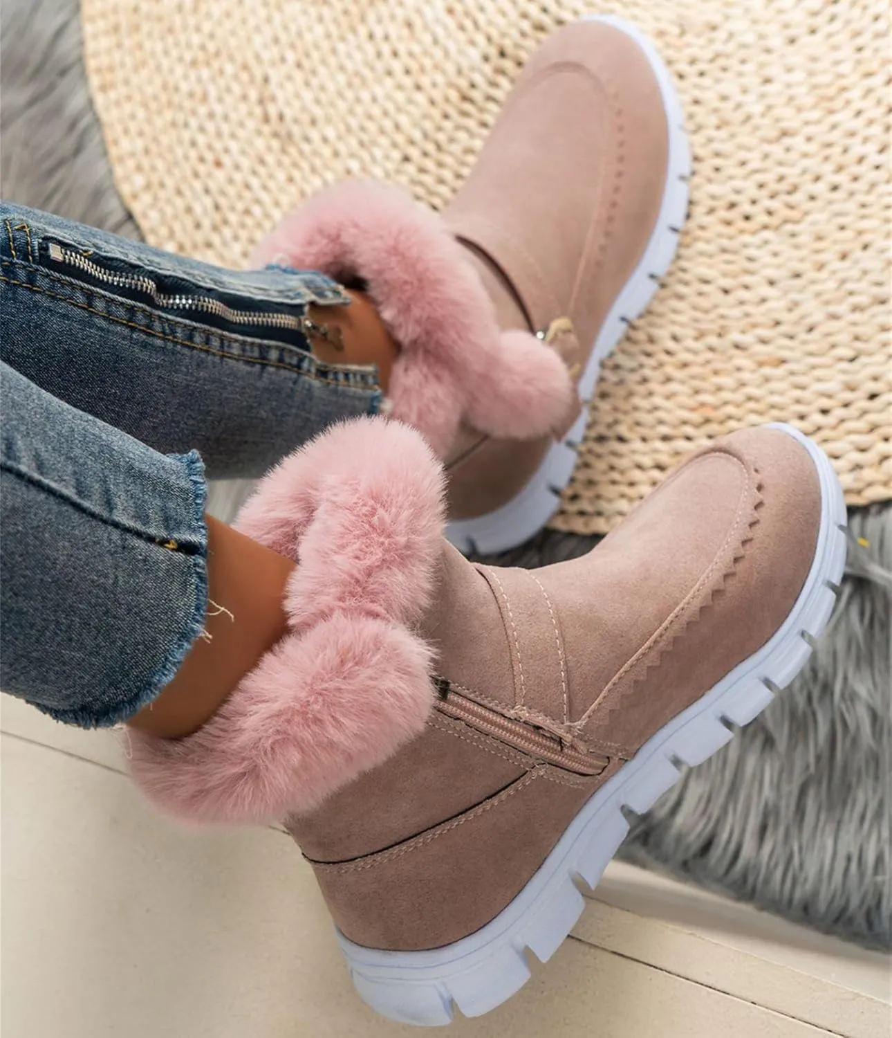 Ladmiple Boots For Women Ankle Booties Winter Snow Boots Classic Faux Fur Lined Slip On Casual Warm Comfortable Loafers Shoes