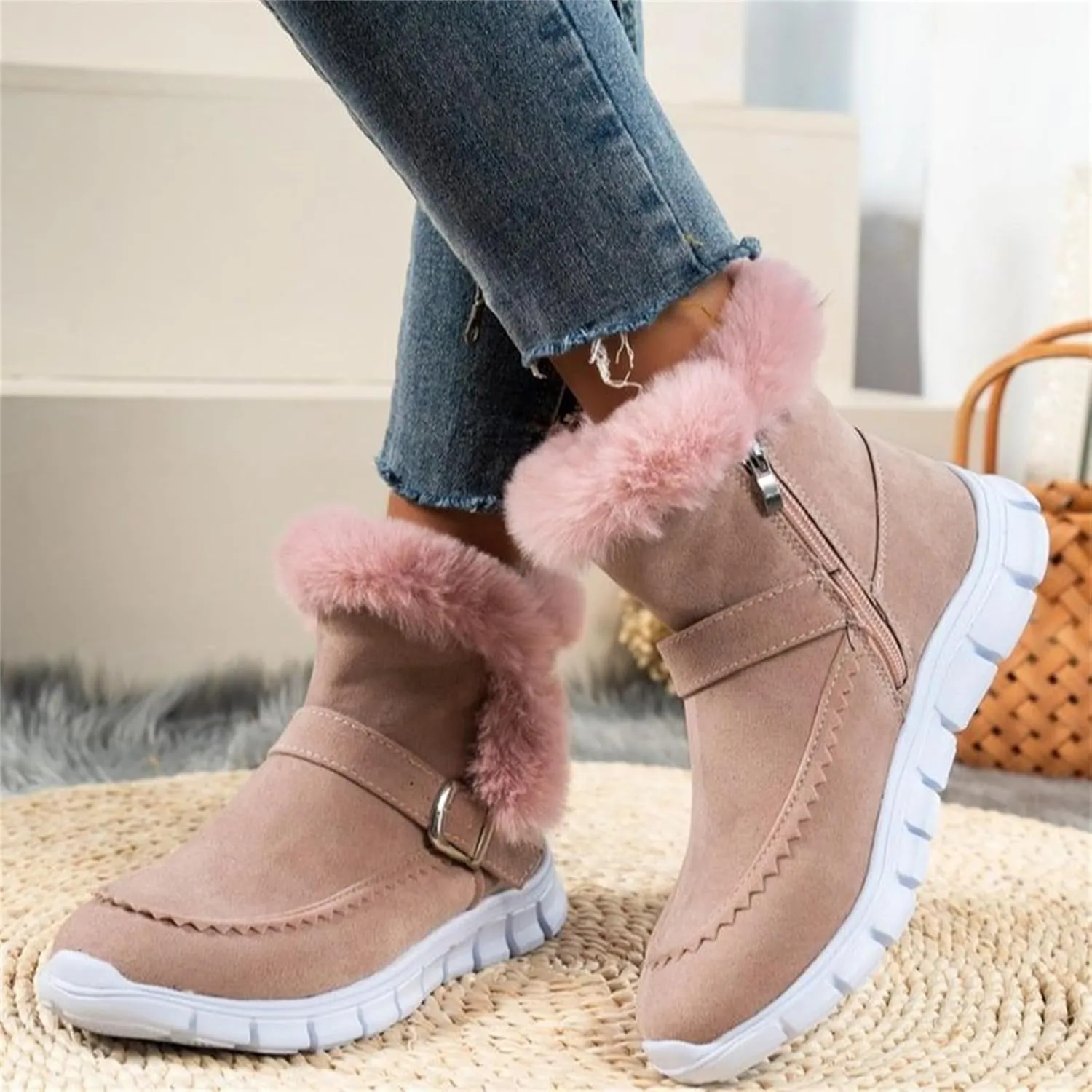 Ladmiple Boots For Women Ankle Booties Winter Snow Boots Classic Faux Fur Lined Slip On Casual Warm Comfortable Loafers Shoes