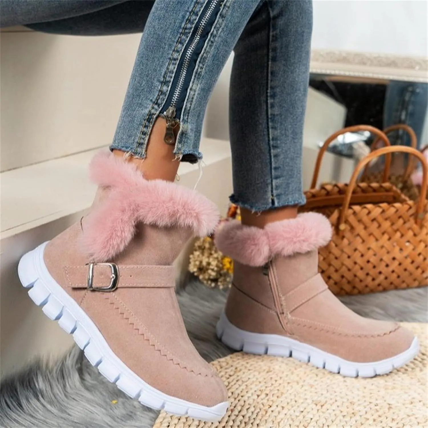 Ladmiple Boots For Women Ankle Booties Winter Snow Boots Classic Faux Fur Lined Slip On Casual Warm Comfortable Loafers Shoes