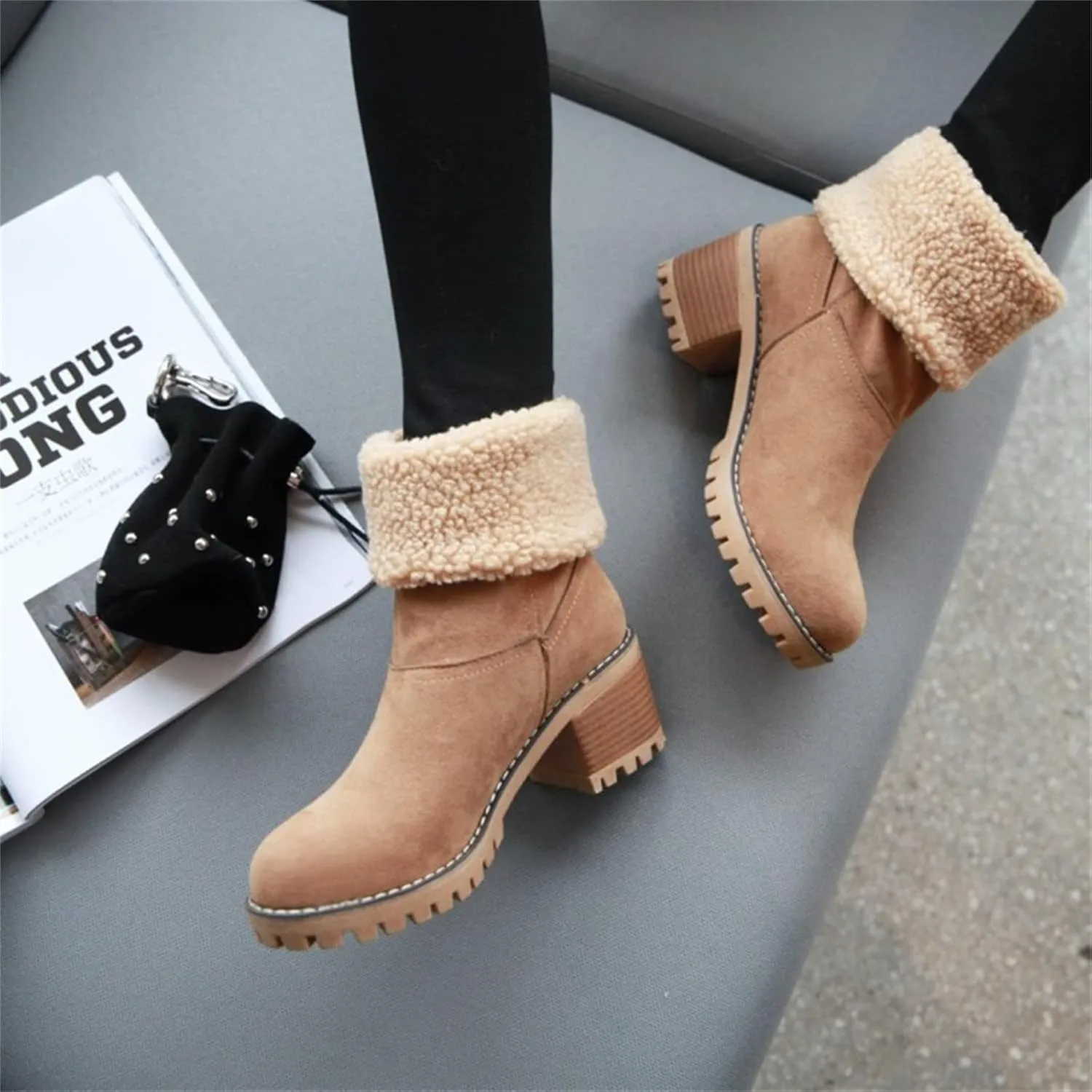 Ladmiple Winter Boots For Women Fashion Mid Calf Snow Boots Fur Lined Warm Comfortable Slip On Short Ankle Booties 2024