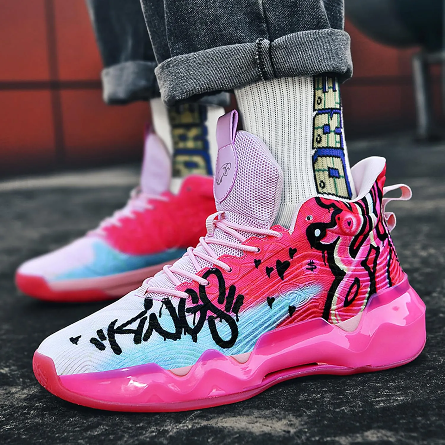 Men's High-Top Basketball Shoes - Slip-Resistant Durability, Street Art Design Athletic Sneakers for Indoor/Outdoor Sports
