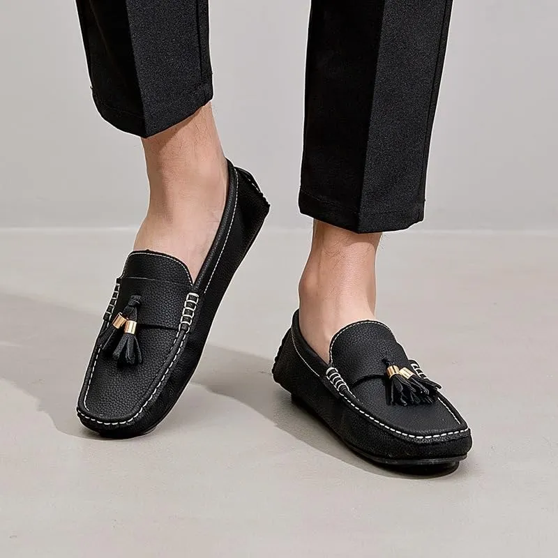 Men's Loafers Square Toe PU Leather Penny Driving Loafers Comfortable Flat Heel Lightweight Outdoor Casual Slip On(Black,6.5)