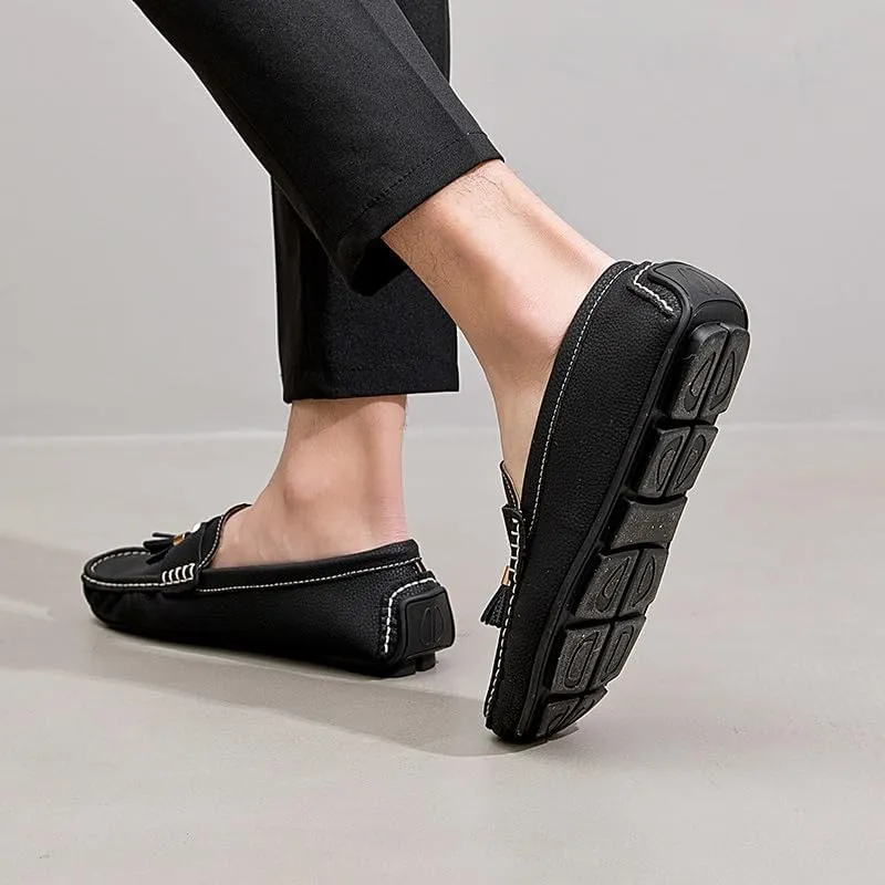 Men's Loafers Square Toe PU Leather Penny Driving Loafers Comfortable Flat Heel Lightweight Outdoor Casual Slip On(Black,6.5)
